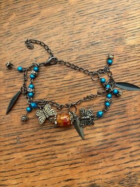 Blue Beaded Butterfly Charm Bracelet - Unbranded